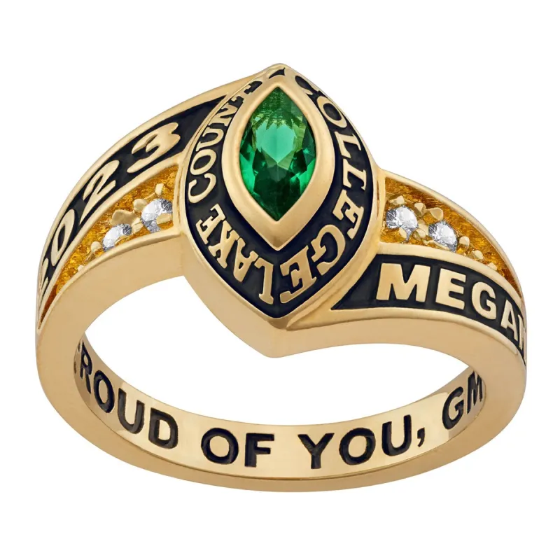 Ladies 18K Gold over Sterling Marquise Birthstone and CZ Class Ring sold by Limoges Jewelry