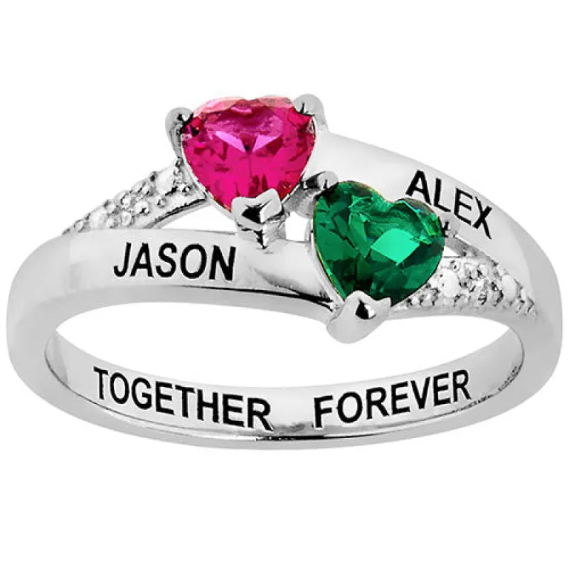 Sterling Silver Couple's Birthstone Heart Diamond Accent Ring sold by Limoges Jewelry