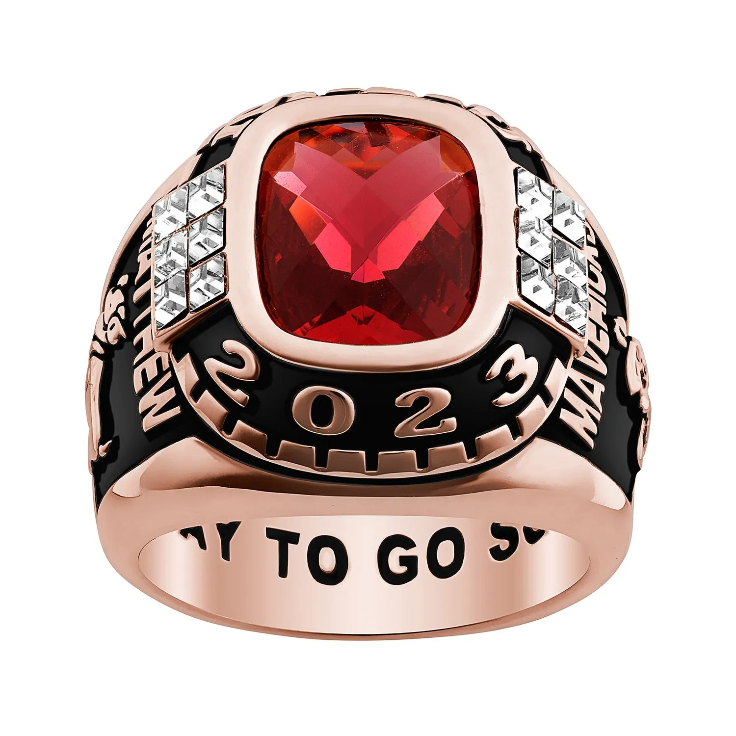 Men's 14K Rose Gold over Sterling Cushion Birthstone & CZ Class Ring sold by Limoges Jewelry