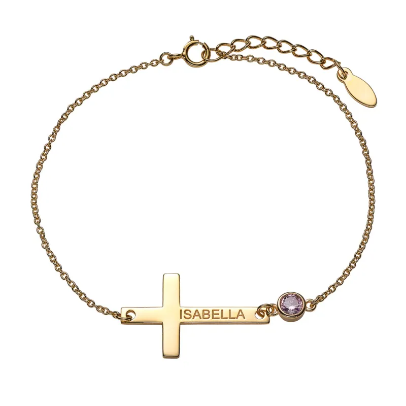14K Gold over Sterling Engraved Name Cross with Birthstone Bracelet sold by Limoges Jewelry