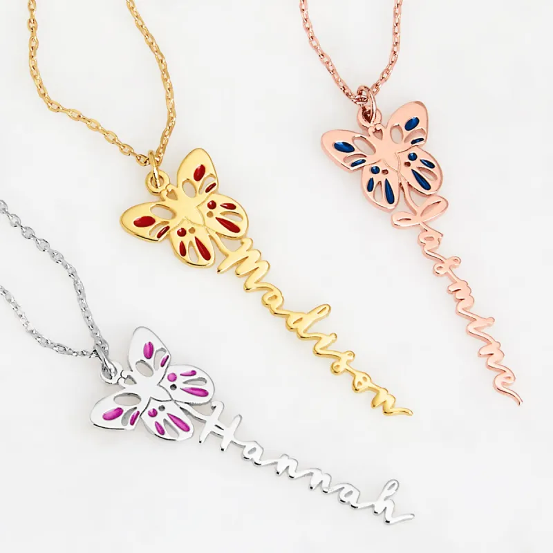 Birth Month Enamel Butterfly Vertical Name Necklace sold by Limoges Jewelry
