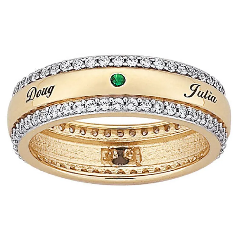 18K Gold over Sterling Mother's Name & Birthstone Band with CZ Edging sold by Limoges Jewelry