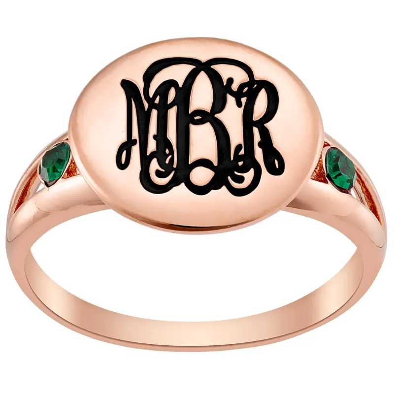 14K Rose Gold Plated Engraved Monogram and Birthstone Double Band Ring made by Limoges Jewelry