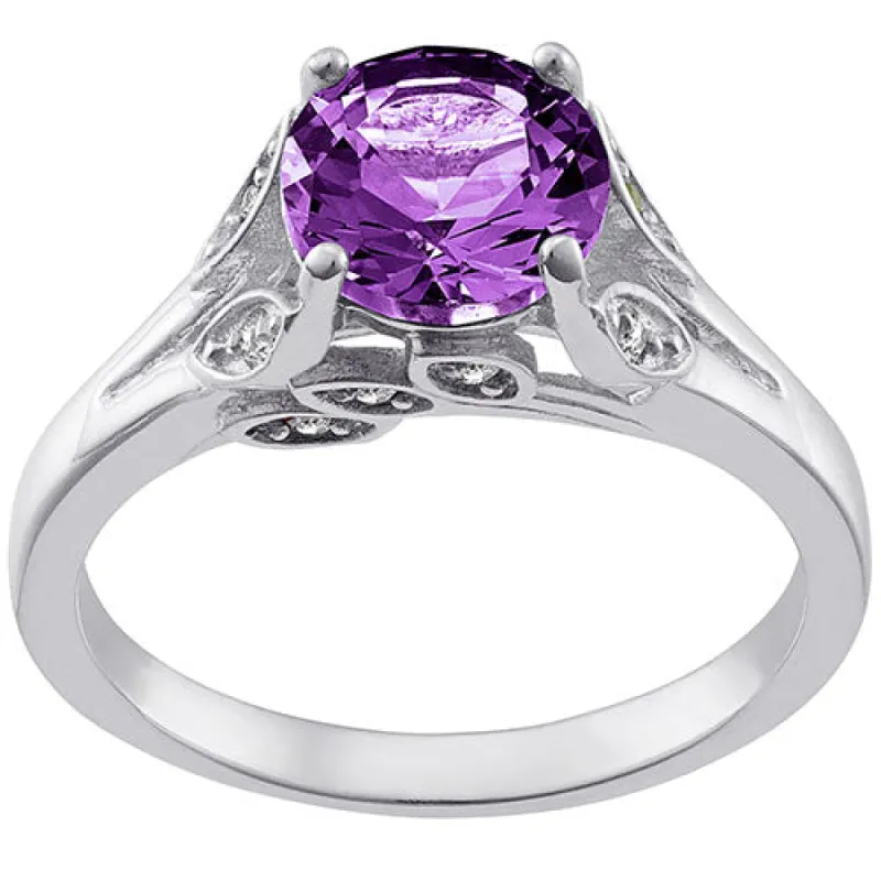 Silver Plated Simulated Amethyst with Clear Crystal Leaves Ring sold by Limoges Jewelry