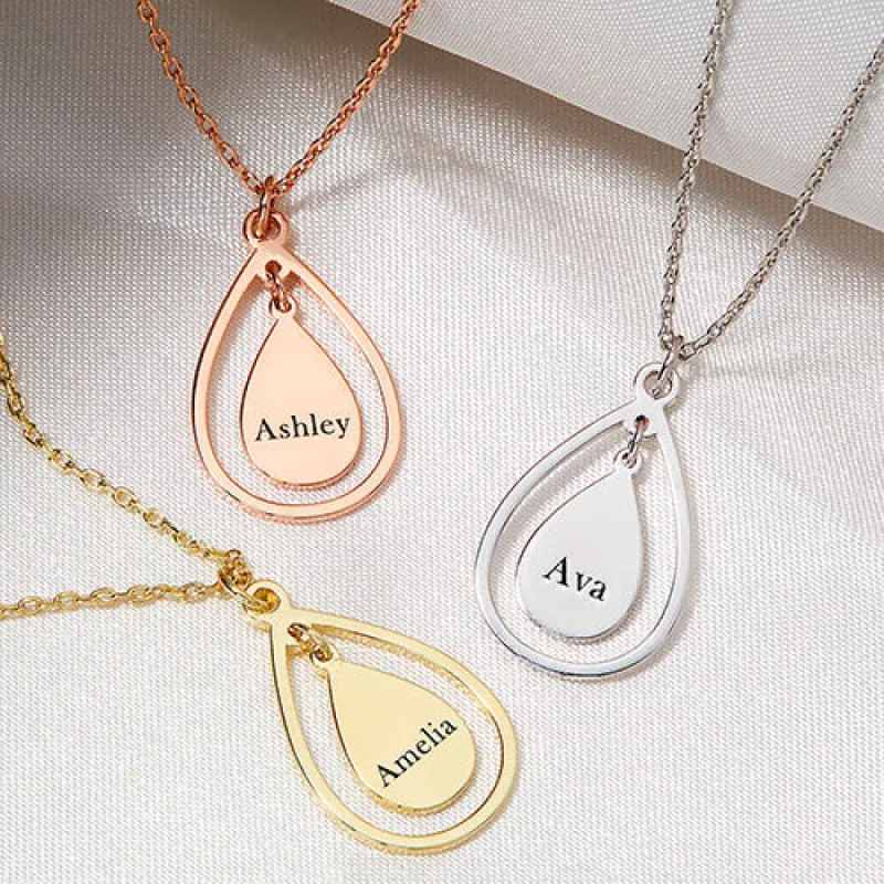 Sterling Silver Engraved Double Teardrop Pendant Necklace sold by Limoges Jewelry