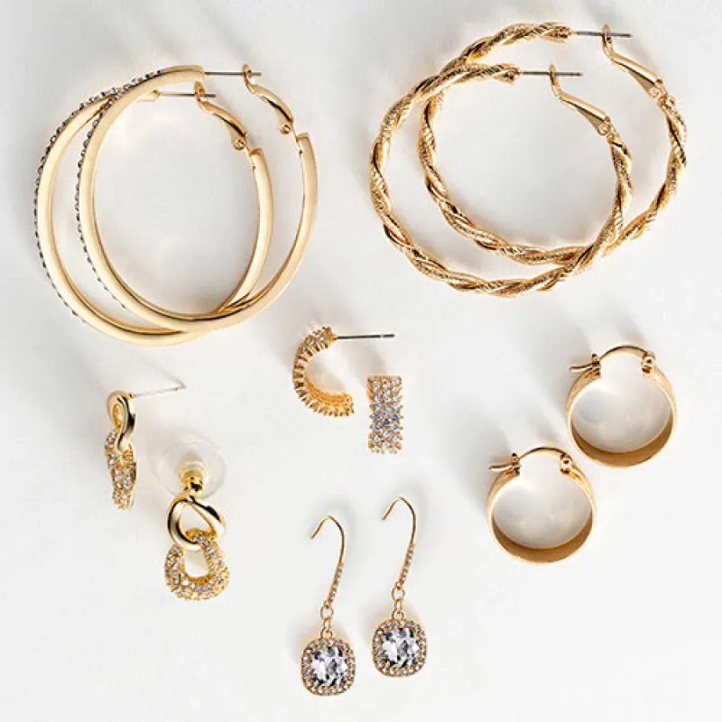6 Pair Gold Plated Hoop Earring Set With Stone Accents sold by Limoges Jewelry