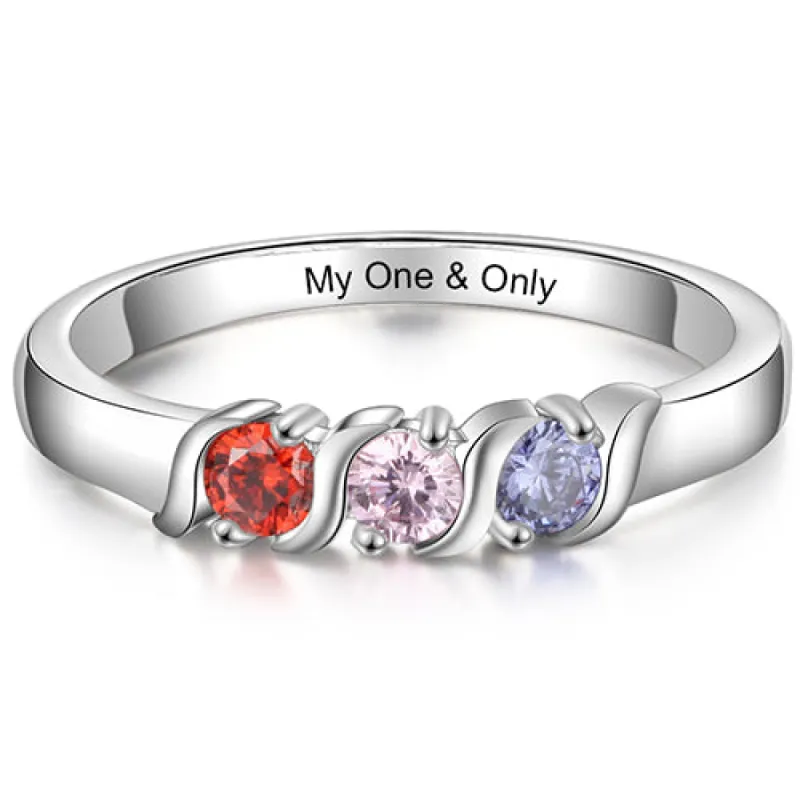 Silver Plated Engraved 3 Birthstone S-Curve Ring sold by Limoges Jewelry