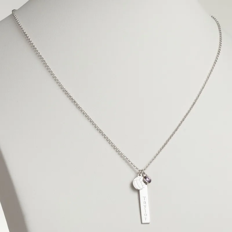 Silver Plated Name Necklace with Volleyball Charm and Birthstone Dangle sold by Limoges Jewelry