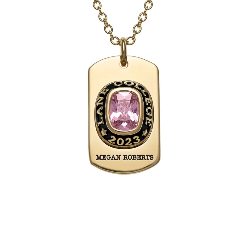 Women's Gold CELEBRIUM  Personalized Cushion Cut Birthstone Graduation Dog Tag Pendant sold by Limoges Jewelry