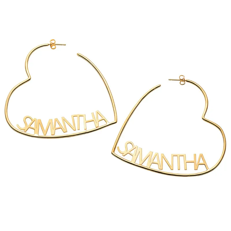14K Gold Plated Personalized Nameplate Large Heart Hoop Earrings sold by Limoges Jewelry
