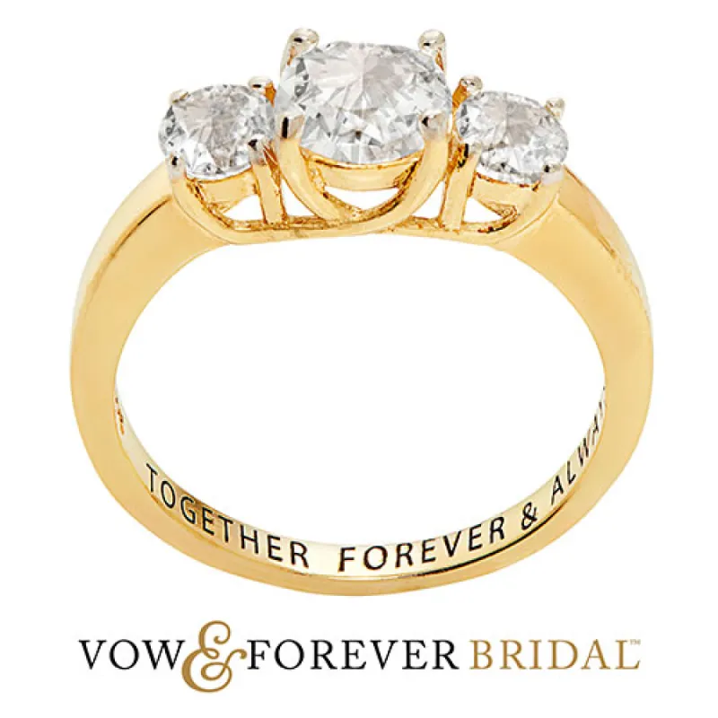 14K Gold over Sterling Brilliant White Topaz Three Stone Engraved Wedding Ring sold by Limoges Jewelry