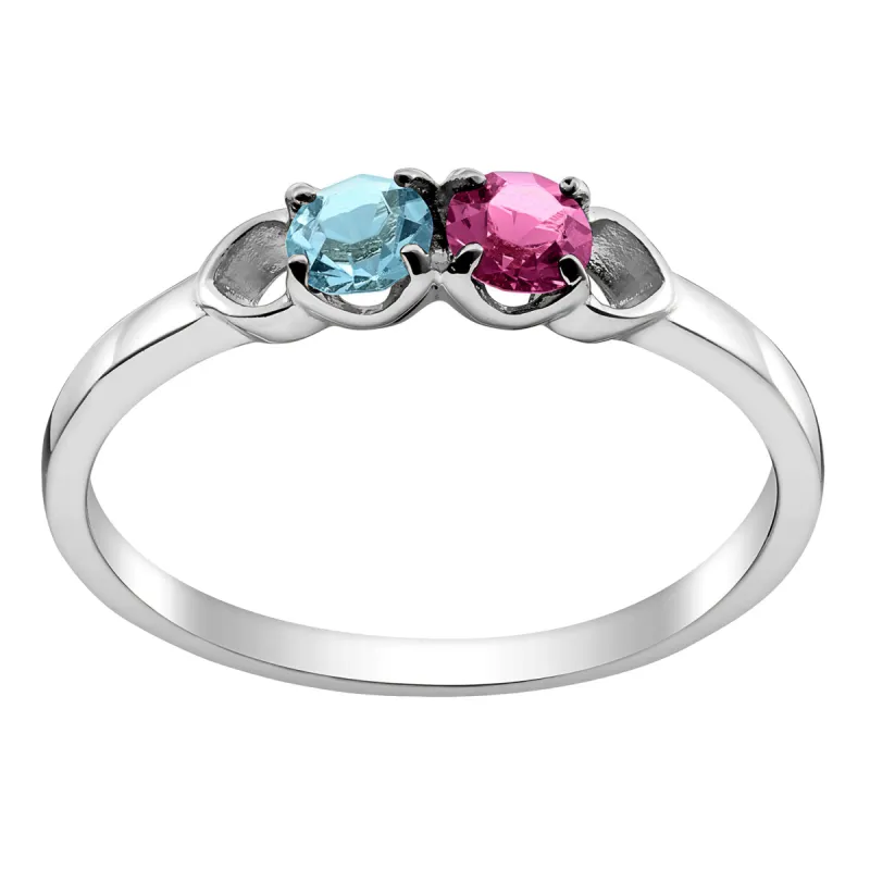 Sterling Silver Round Birthstone Ring with Hearts - 2 Stones- sold by Limoges Jewelry
