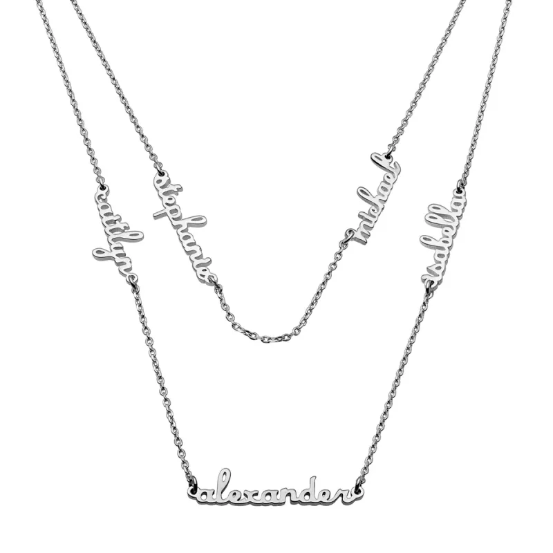 Sterling Silver Petite Script Family Name Layered Necklace- 5 Names sold by Limoges Jewelry