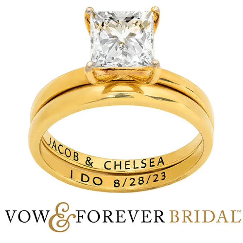 14K Gold over Sterling  Square White Topaz 2-Piece Engraved Wedding Ring Set sold by Limoges Jewelry
