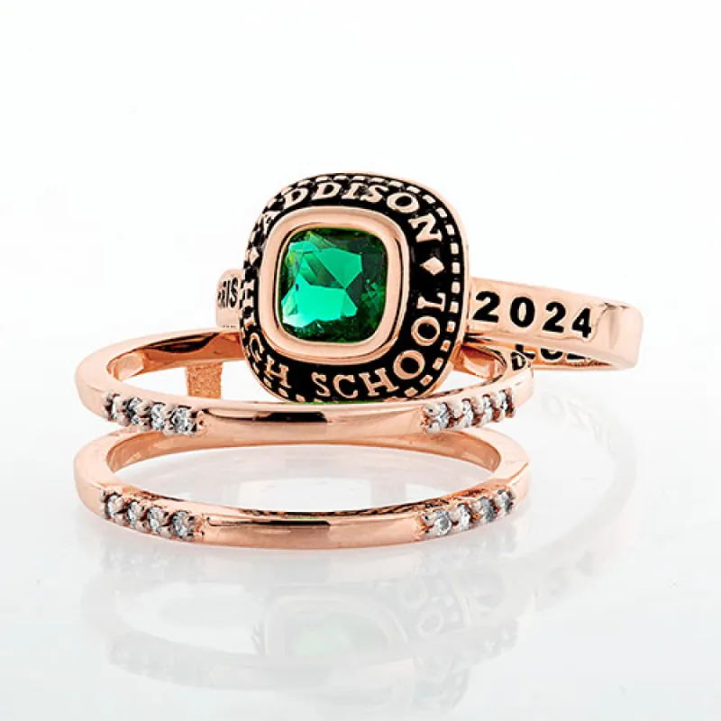 Ladies' 14K Rose Gold over Sterling Class Ring with Jacket and CZ Accents sold by Limoges Jewelry