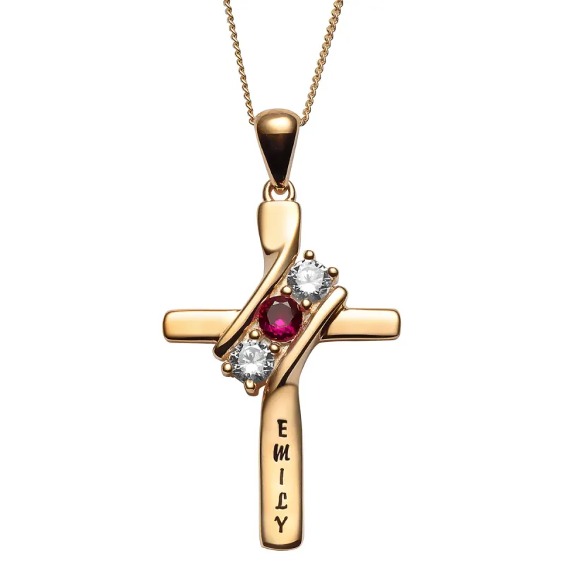14K Gold over Sterling Engraved Name and Genuine Birthstone Cross Pendant sold by Limoges Jewelry