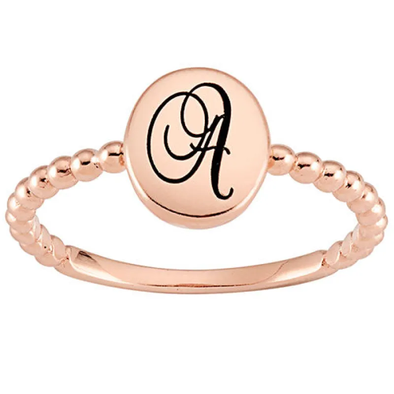 14K Rose Gold over Sterling Engraved Script Initial Beaded Ring sold by Limoges Jewelry