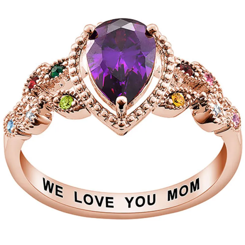 14K Rose Gold over Sterling Mother's Pear Family Birthstone Ring sold by Limoges Jewelry