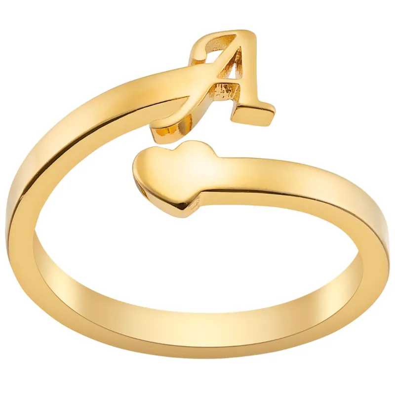 14K Gold Plated Script Initial and Heart Bypass Ring sold by Limoges Jewelry