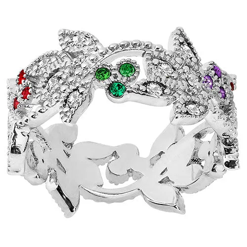 Silver Plated Family Birthstone with Clear Leaves Band Ring sold by Limoges Jewelry