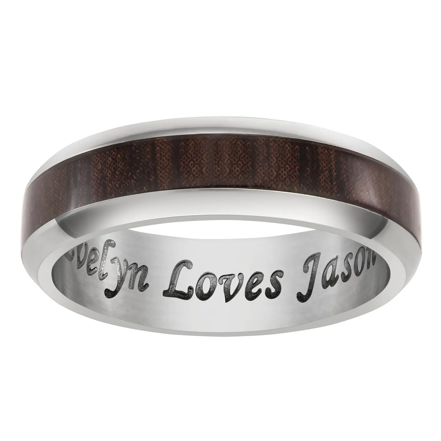 Titanium & Wood Engraved Message Beveled Edge Band sold by Limoges Jewelry