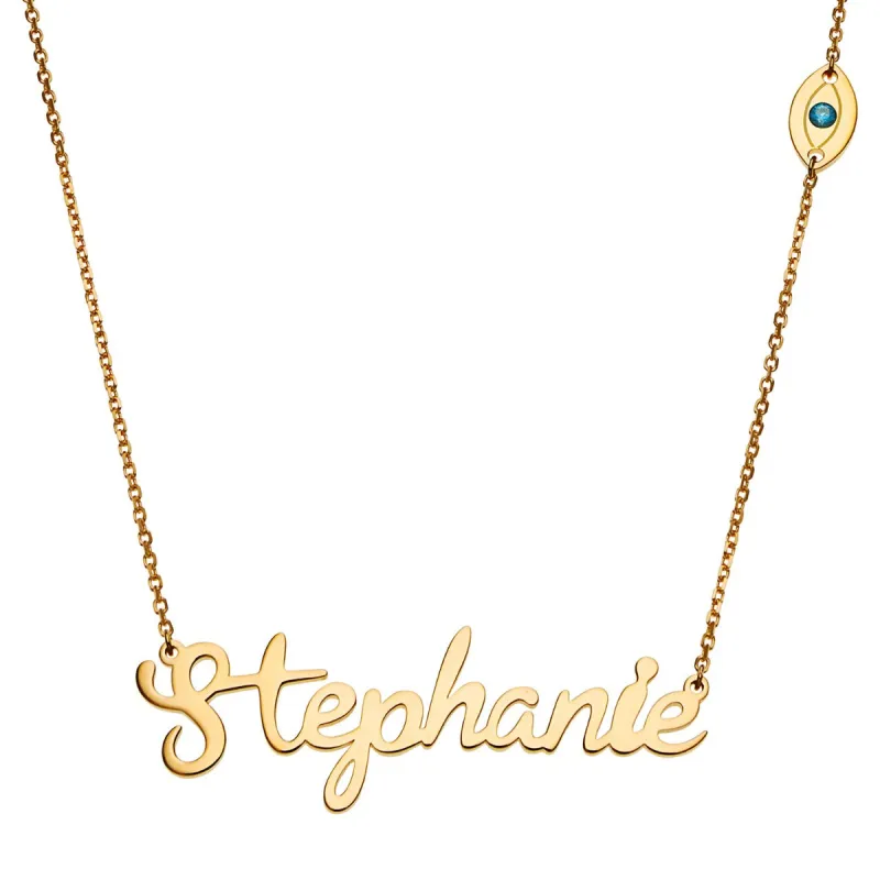 14K Gold Plated Script Name with Evil Eye Station Necklace sold by Limoges Jewelry