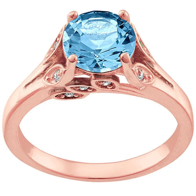 14K Rose Gold Plated Simulated Blue Topaz with Clear Crystal Leaves Ring sold by Limoges Jewelry