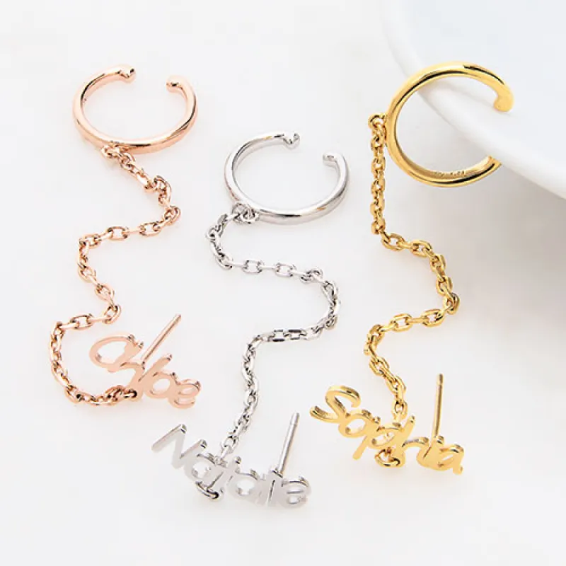 Sterling Silver Personalized Name Crawler Button with Ear Cuff and Chain Earring sold by Limoges Jewelry
