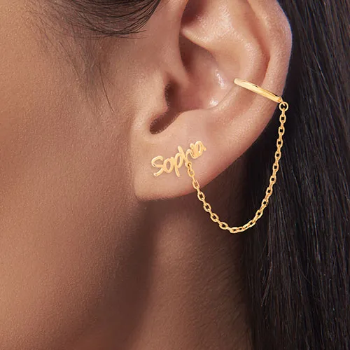 Sterling Silver Personalized Name Crawler Button with Ear Cuff and Chain Earring sold by Limoges Jewelry product image thumbnail 4