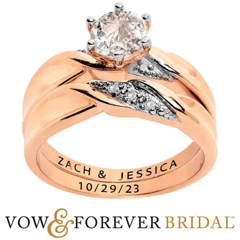 14K Rose Gold over Sterling Round White Topaz Diamond Accent 2-Piece Engraved Wedding Ring Set sold by Limoges Jewelry