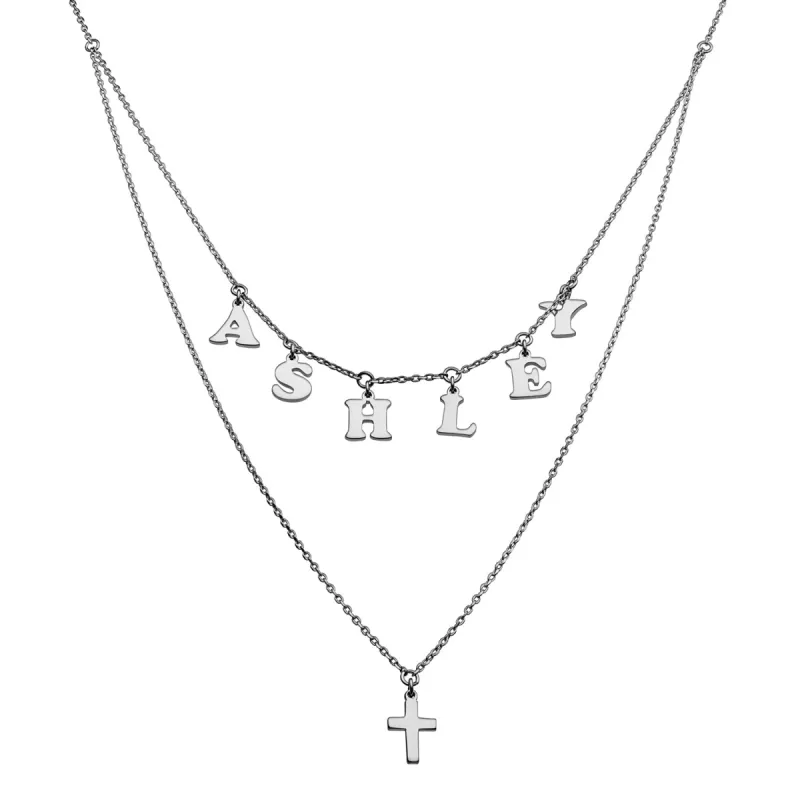 Sterling Silver Layered Name and Cross Double Necklace sold by Limoges Jewelry