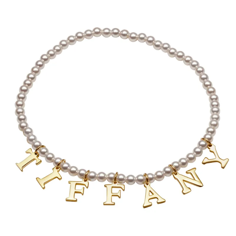 14K Gold over Sterling Name Stretch Bracelet with Pearls sold by Limoges Jewelry