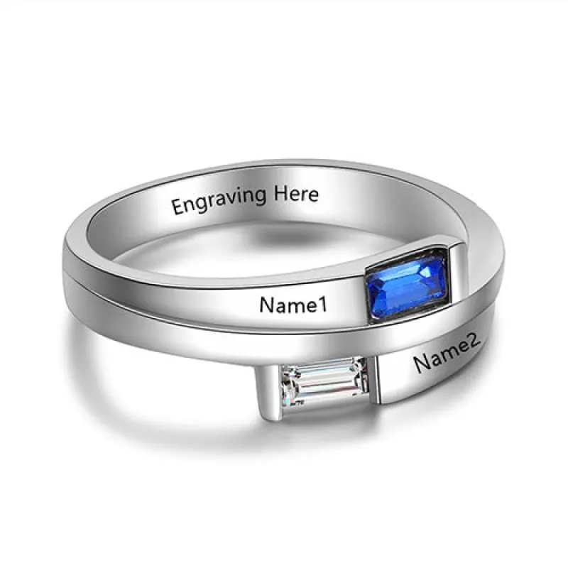 Sterling Silver Engraved Bypass Baguette Birthstone Ring sold by Limoges Jewelry