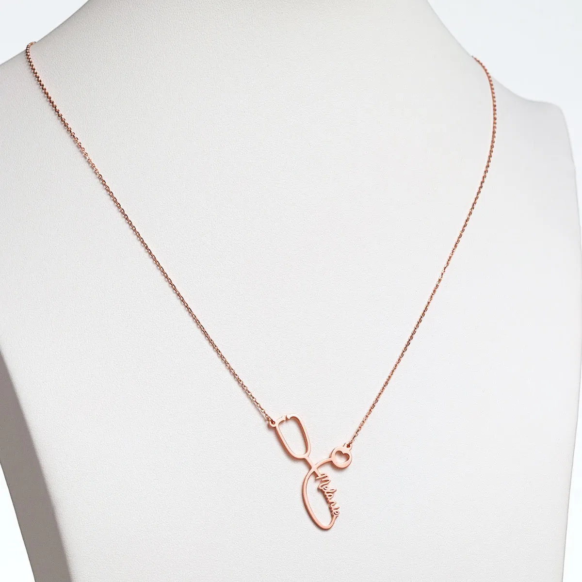14k Rose Gold Plated Script Name Stethoscope with Heart Necklace sold by Limoges Jewelry product image thumbnail 3