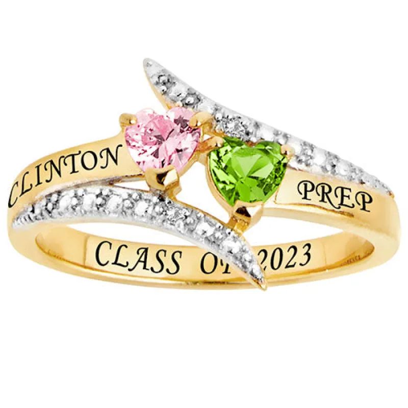 14K Gold over Sterling Double Heart Birthstone Bypass Diamond Accent Class Ring sold by Limoges Jewelry
