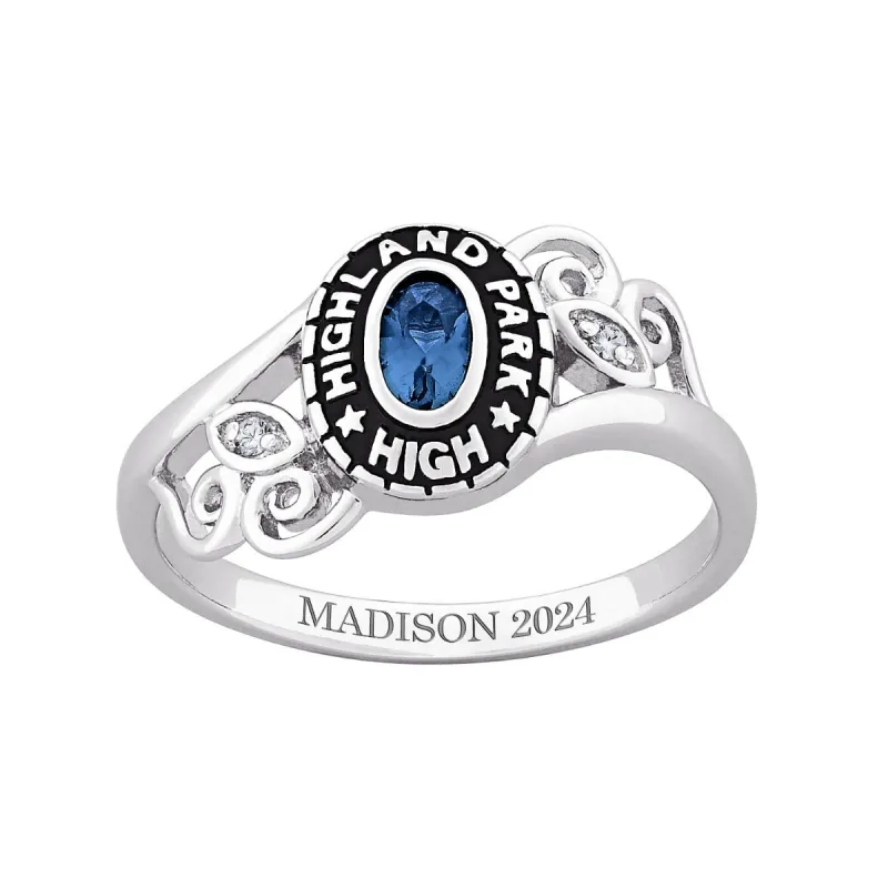 Ladies Platinum Plated Traditional Oval Stone & CZ Swirl Class Ring sold by Limoges Jewelry