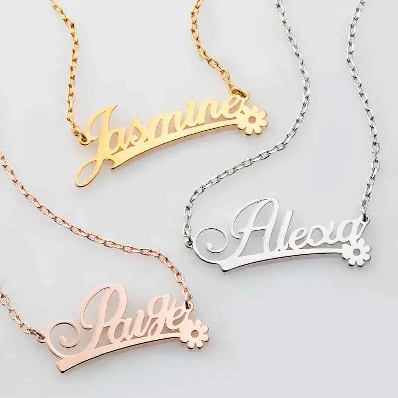 Fancy Script Name with Flower Underline Necklace sold by Limoges Jewelry