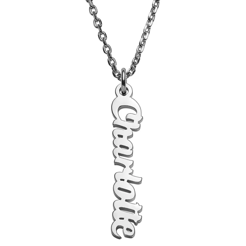 Sterling Silver Petite Script Vertical Name Necklace sold by Limoges Jewelry