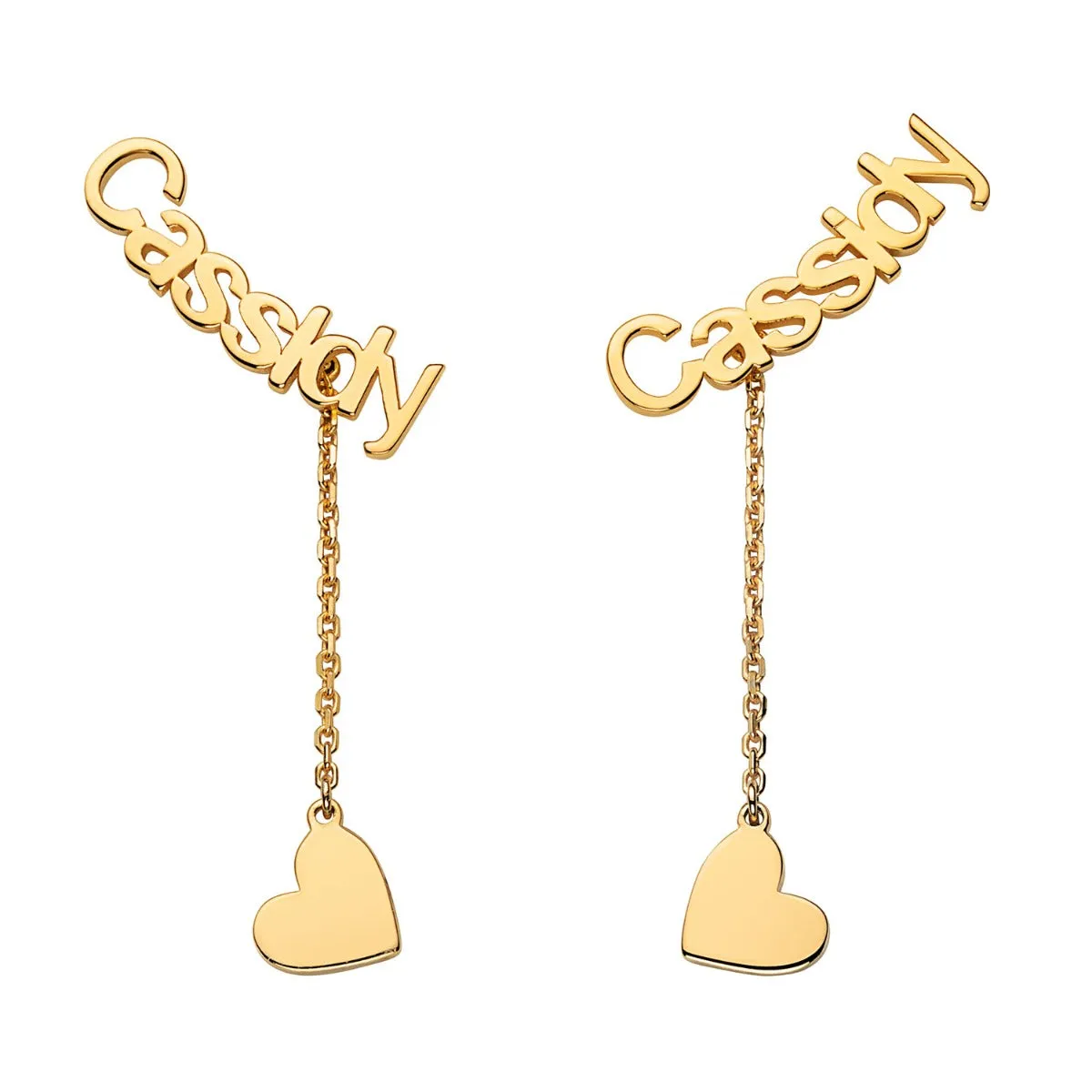 14K Gold over Sterling Name with Heart Charm Dangle Crawler Earrings sold by Limoges Jewelry