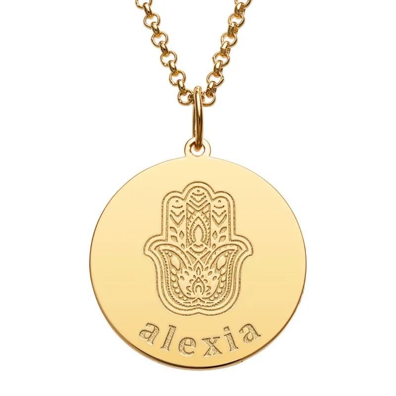 14K Gold Plated Engraved Name and Hamsa Hand Disc Necklace sold by Limoges Jewelry
