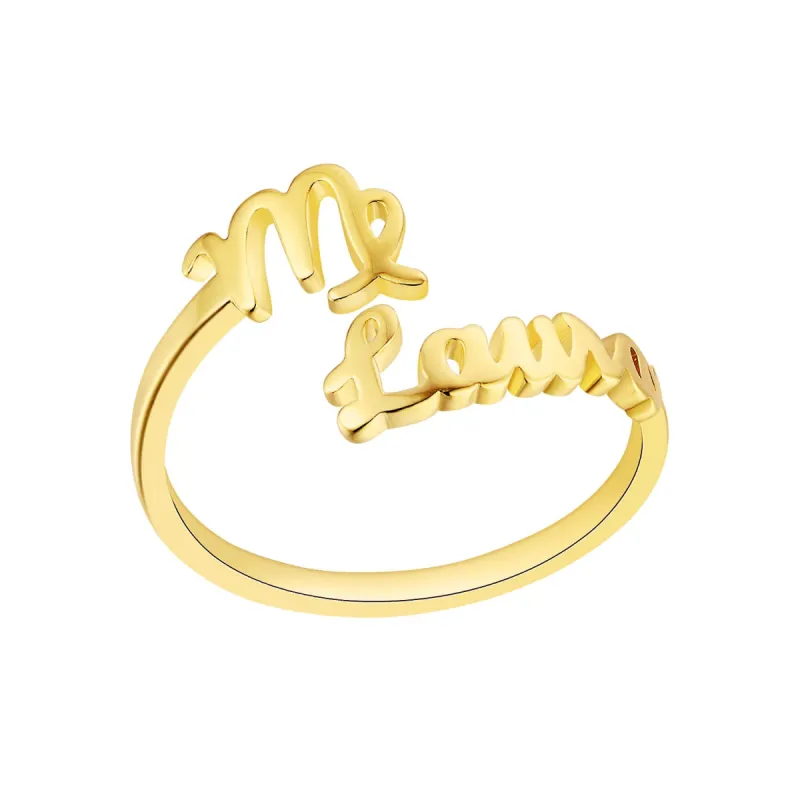 Gold over Sterling Script Name and Zodiac Sign Bypass Ring sold by Limoges Jewelry