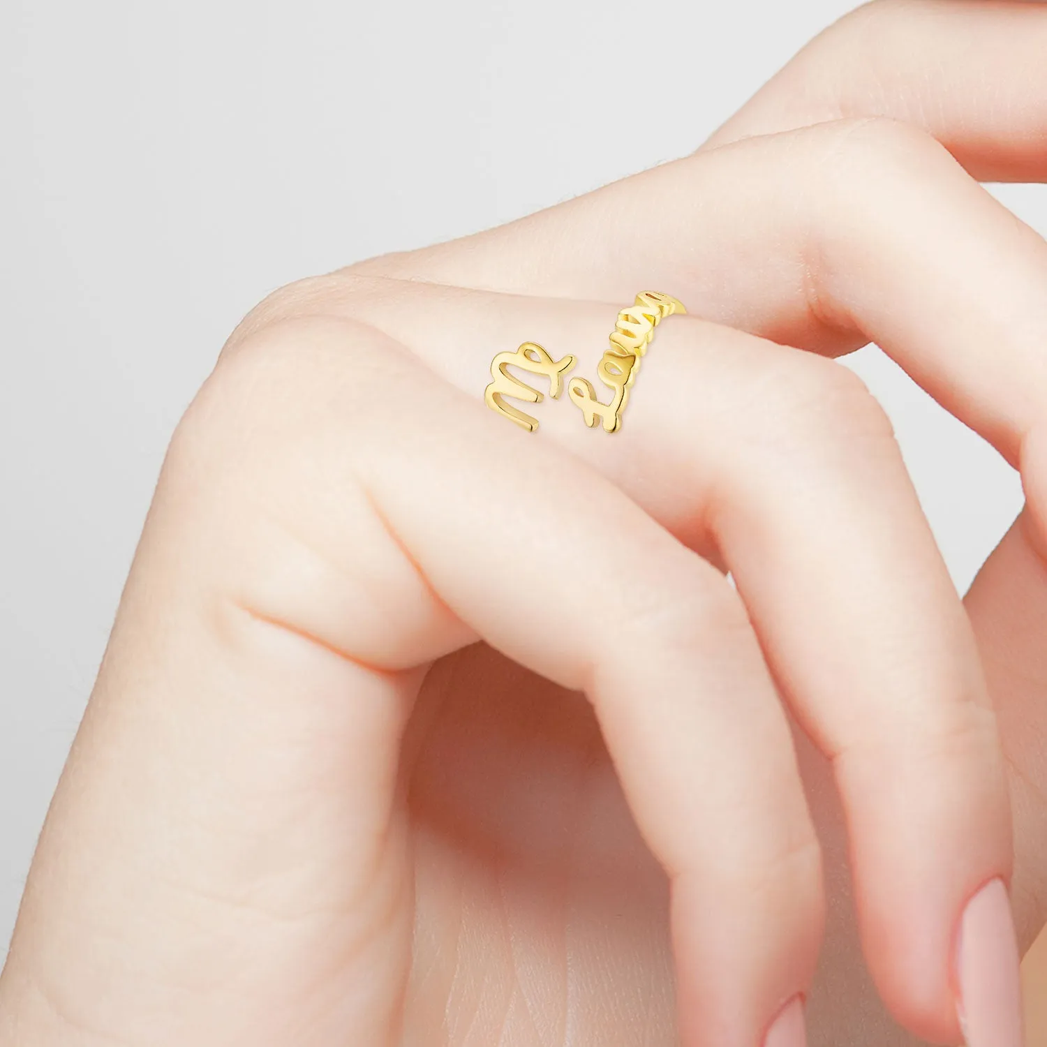 Gold over Sterling Script Name and Zodiac Sign Bypass Ring sold by Limoges Jewelry product image thumbnail 2