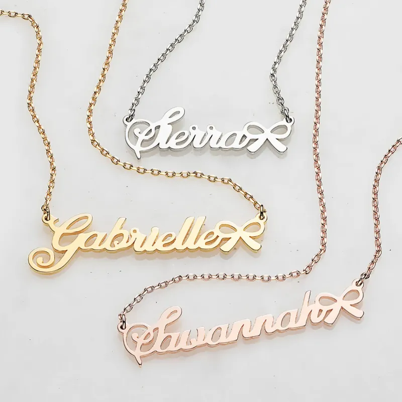 Fancy Script Name with Bow Necklace made by Limoges Jewelry