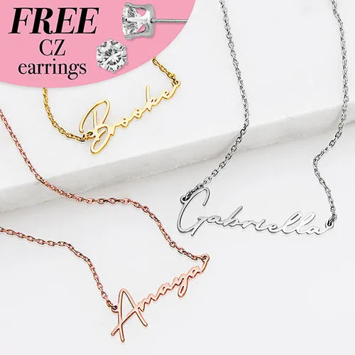 Sterling Silver Script Name Plaque with Free CZ Earrings sold by Limoges Jewelry