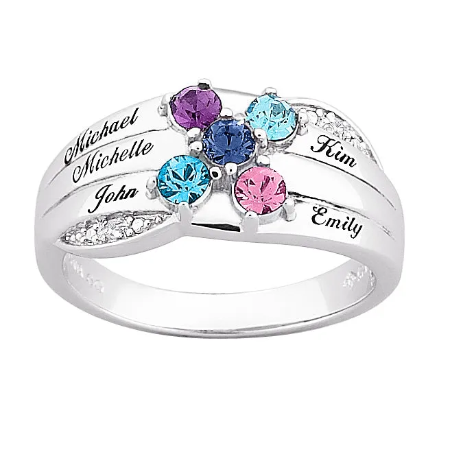 Sterling Silver Family Name & Birthstone Ring with Diamond Accent sold by Limoges Jewelry
