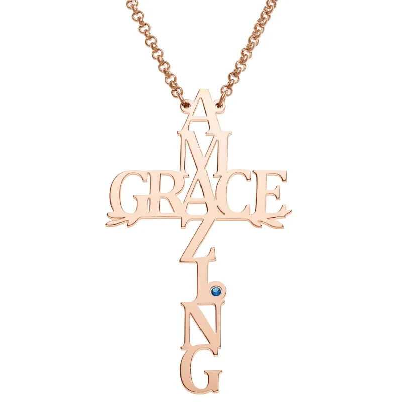 14K Rose Gold Plated Amazing Grace Cross with Birthstone Necklace sold by Limoges Jewelry