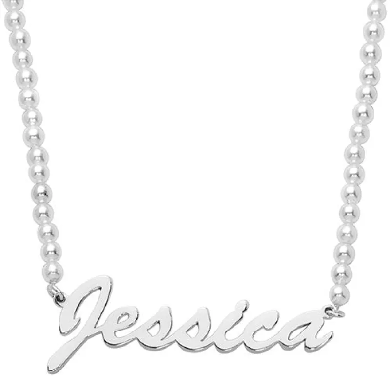 Hollywood Script Name Shell Pearl Necklace sold by Limoges Jewelry