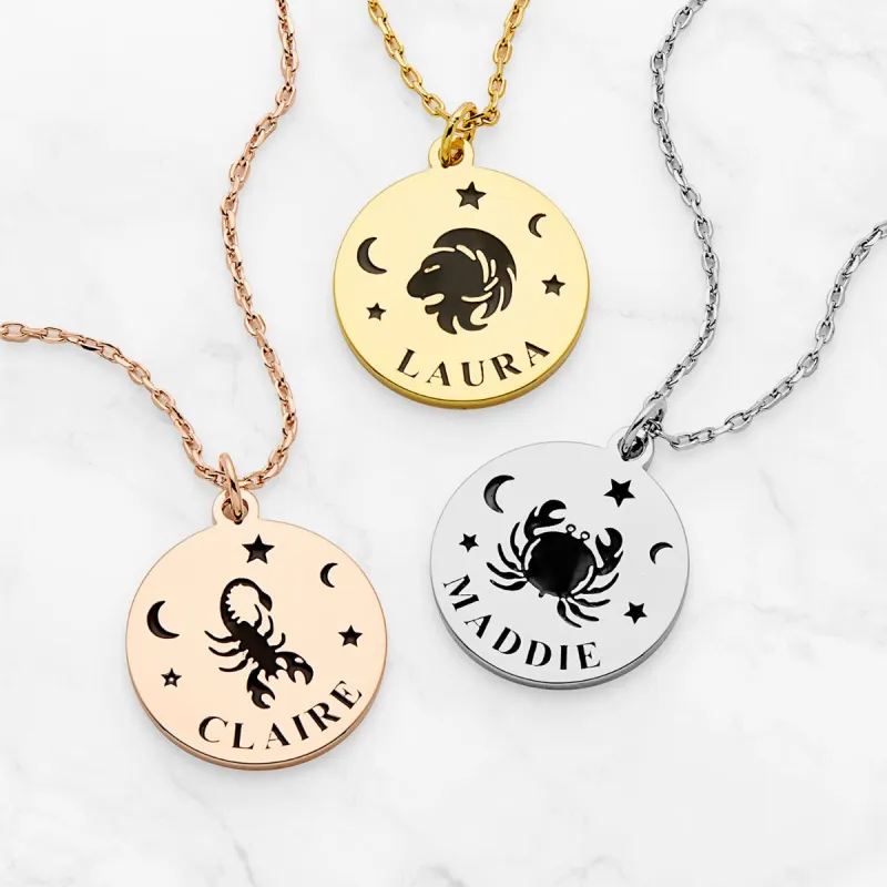 Zodiac Animal and Name Disc Necklace sold by Limoges Jewelry