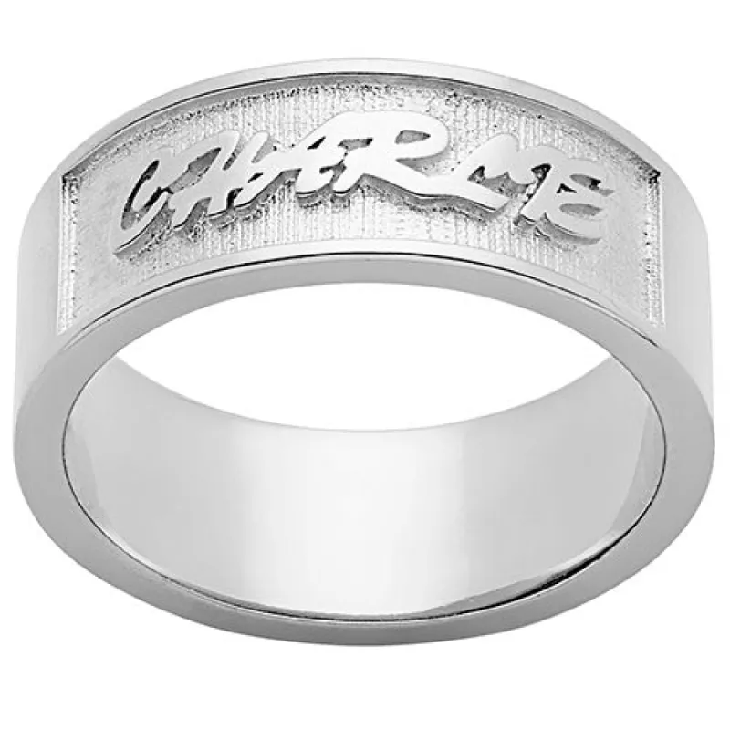 Silver Plated Embossed Uppercase Script Name Band Ring sold by Limoges Jewelry