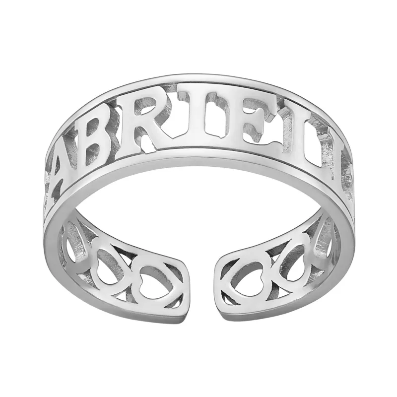 Sterling Silver Name with Open Hearts Ring sold by Limoges Jewelry